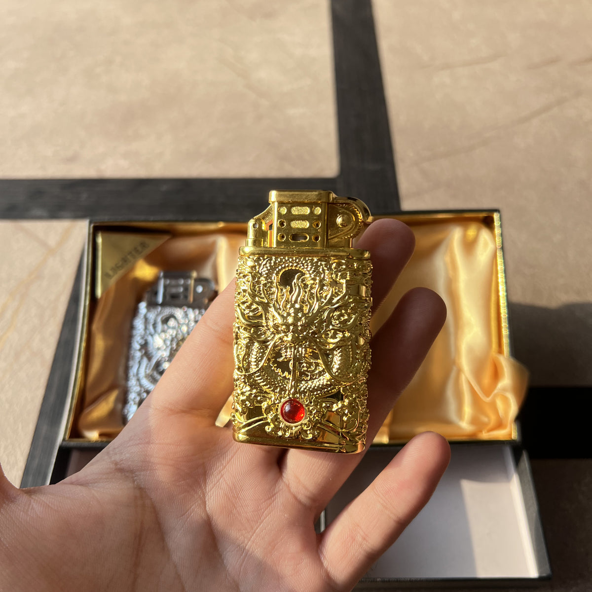 Sculpted Dragon Butane Lighter with Ruby Gem