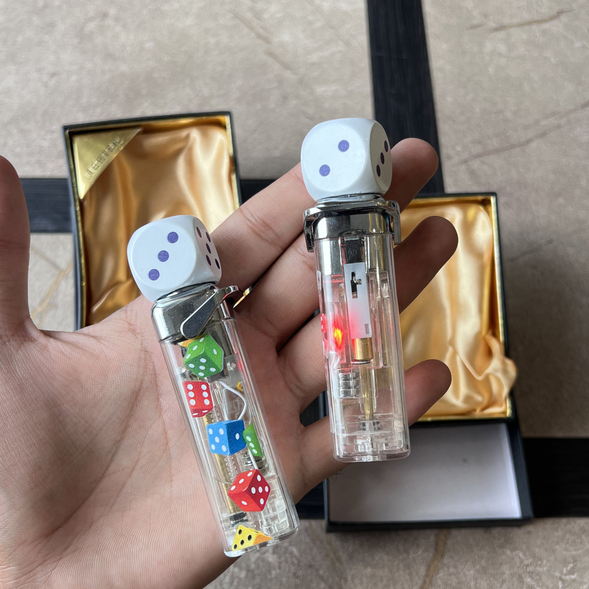 Clear Floating Dice Torch Lighter with LED Glow