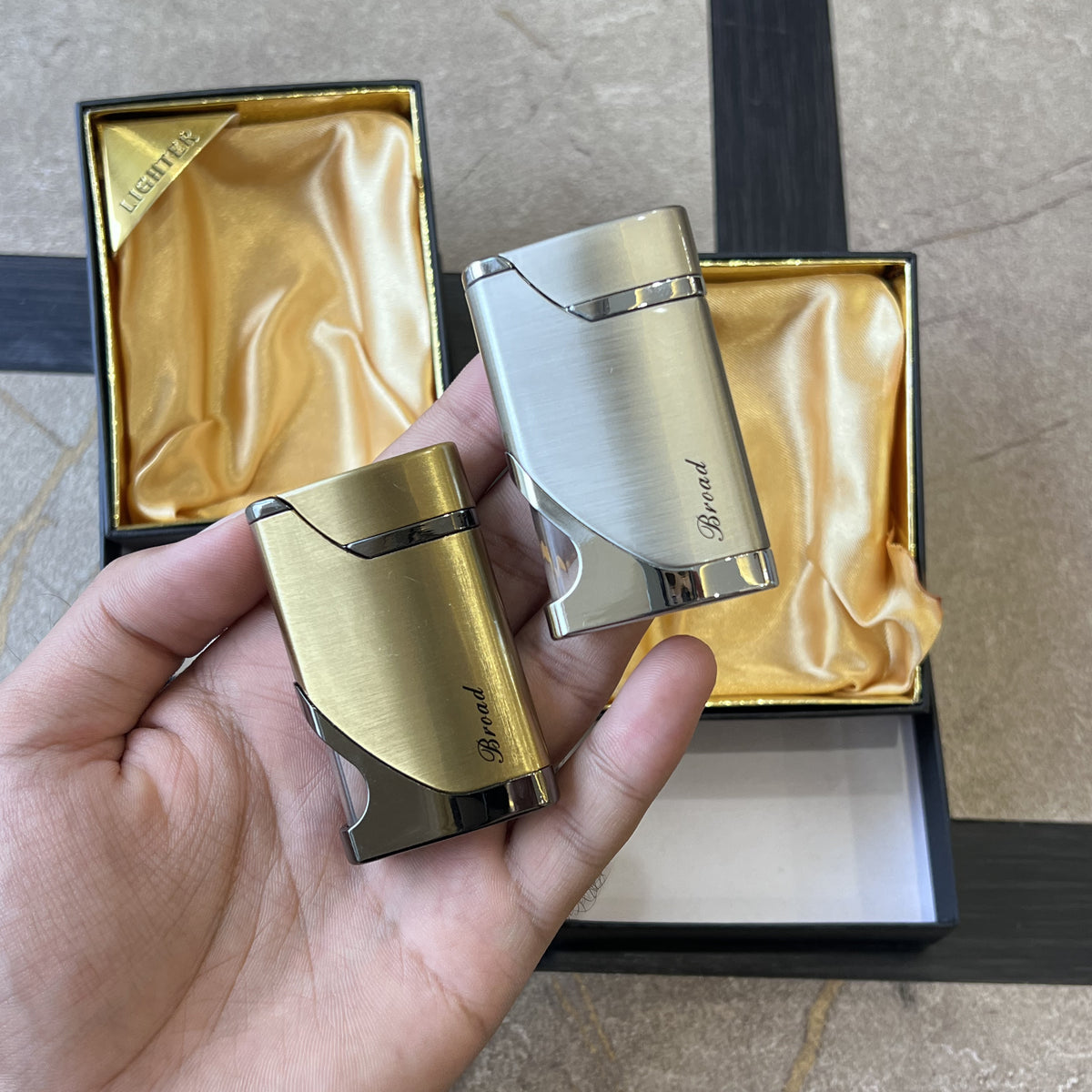 Brushed Metal Side-Press Lighter with Fuel Window
