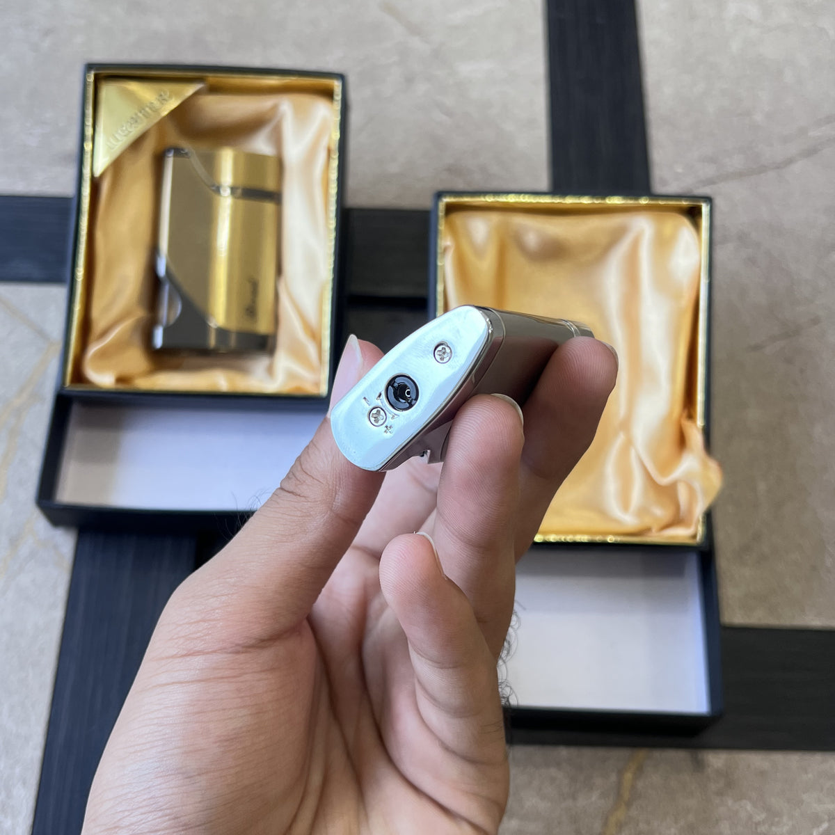 Brushed Metal Side-Press Lighter with Fuel Window