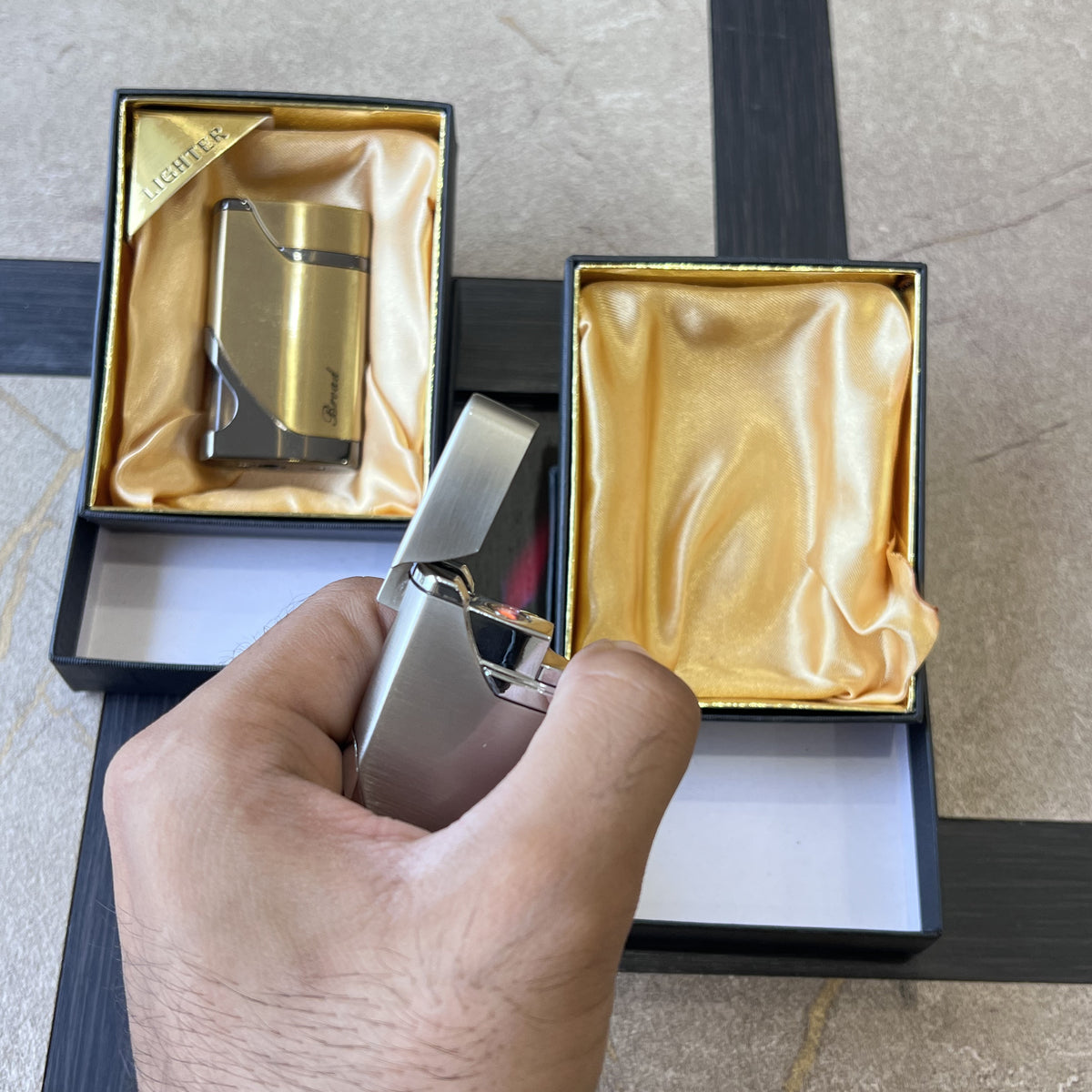 Brushed Metal Side-Press Lighter with Fuel Window