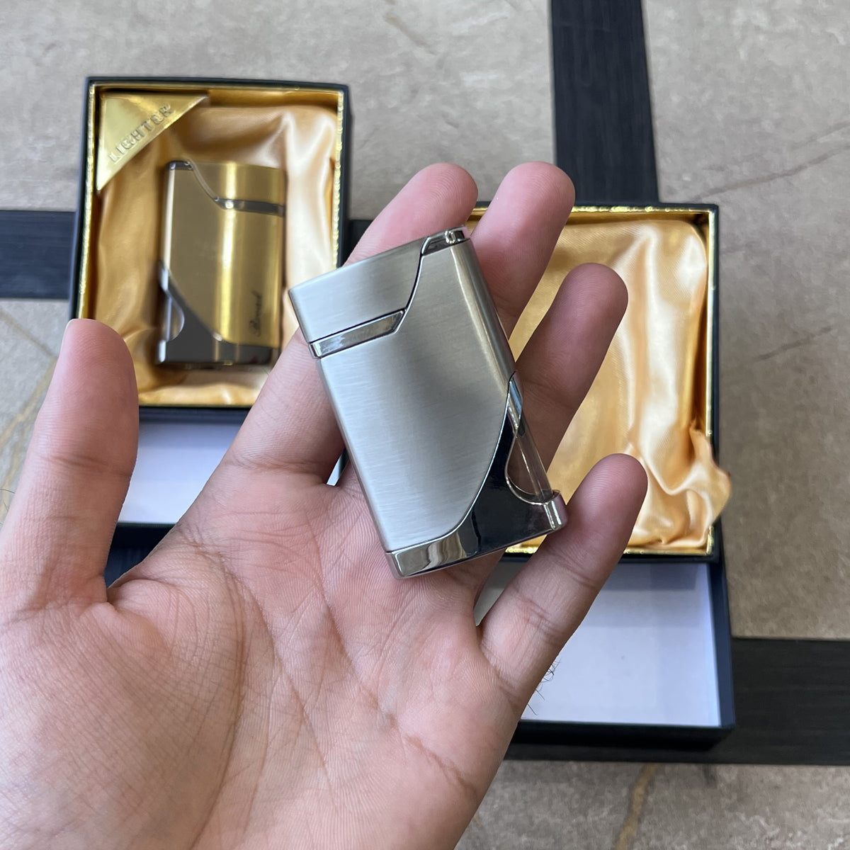 Brushed Metal Side-Press Lighter with Fuel Window
