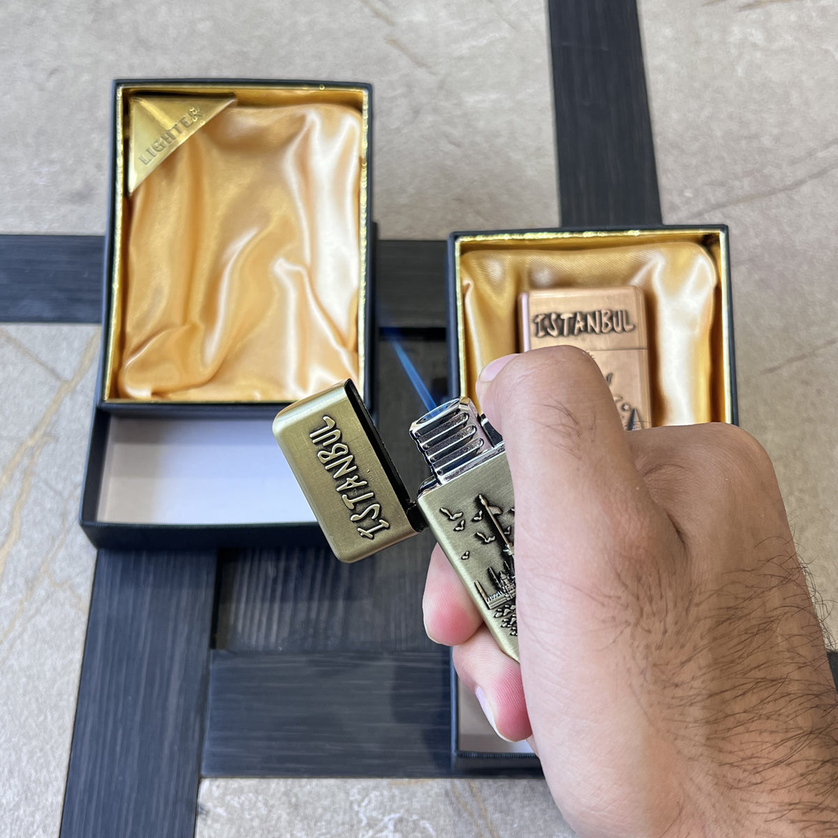 Embossed Istanbul Flip-Top Jet Lighter with Fuel Window