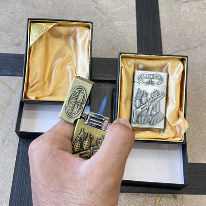 Embossed Rifle Military Flip Lighter with Convertible Flame