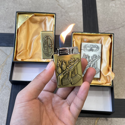 Embossed Rifle Military Flip Lighter with Convertible Flame