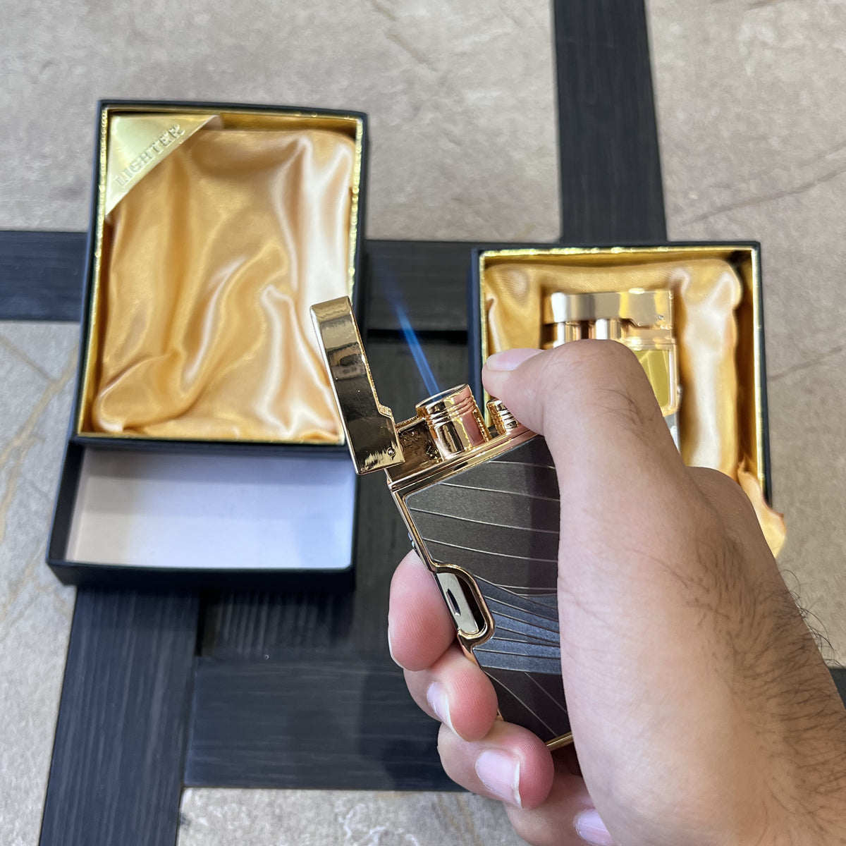 Textured Metal Jet Flame Lighter with Fold-Out Nail Cutter